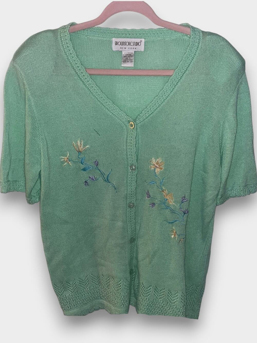 Brownstone Studio Sea Green Cardigan | Size Large | Embroidery | EUC